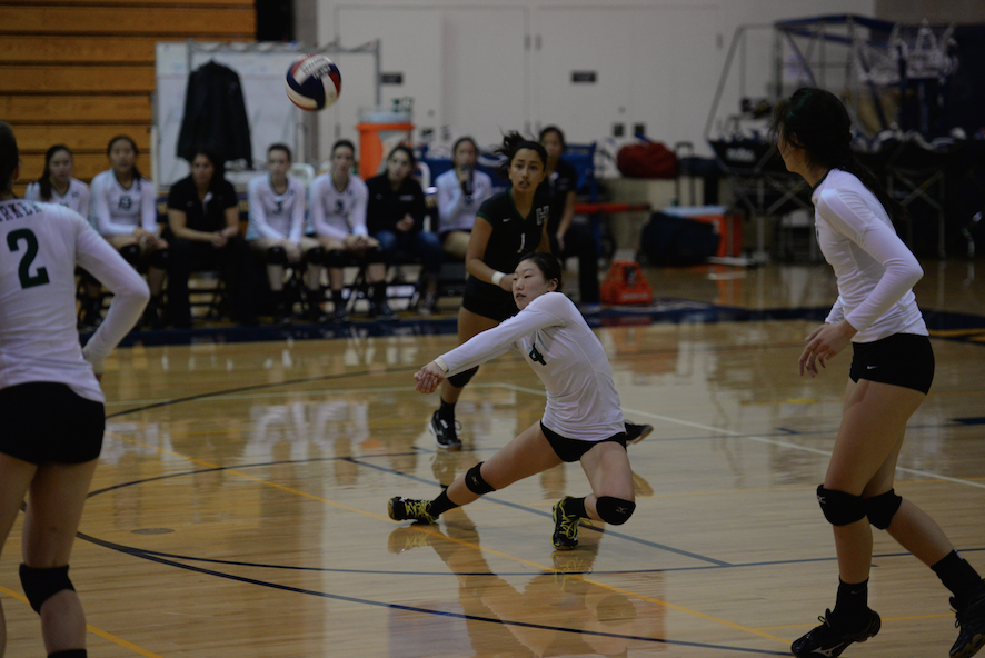 Rachel Cheng (10) passes a ball on serve receive. Harker won the match 3-2 to advance to the CCS finals.