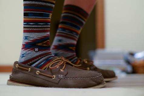 Jonathan models a pair of tribal socks to go with his boat shoes. For themed socks, check out Stance’s new holiday collection. 