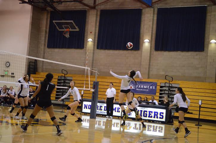 Rachel Cheng (10) jumps up to spike a ball at the CCS semifinal game. The team advanced to the CCS finals.