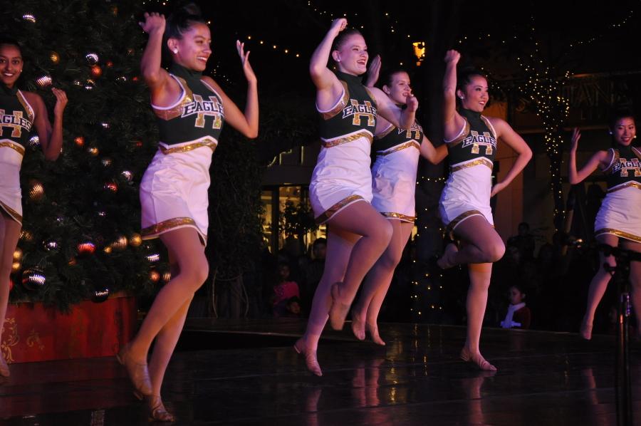 Seniors Darby Millard and Noel Banerjee perform at the Santana Row Tree Lighting Ceremony with the rest of the Varsity Dance team. The two will be traveling to London from Dec. 26 to Jan. 2 to perform at the London New Year’s Day Parade.
