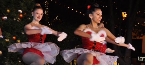 Seniors Darby Millard and Noel Banerjee perform at the Santana Row Tree Lighting Ceremony with the rest of the Varsity Dance team. The two will be traveling to London from Dec. 26 to Jan. 2 to perform at the London New Year’s Day Parade.