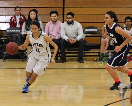 Shreya Basu (12) dribbles around an opponent on the way to the basket.  The girls won 54-11 yesterday