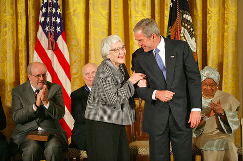 Harper Lee is awarded the Presidential Medal of Freedom by George W. Bush in 2007. Lee was honored for the positive influence of her book, To Kill a Mockingbird, on the country.