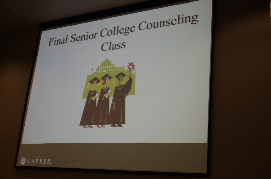 The college counseling presentation started with a slide titled “Final Senior College Counseling Class.” The counselors went over spring college visits, wait lists, and final college decisions. 