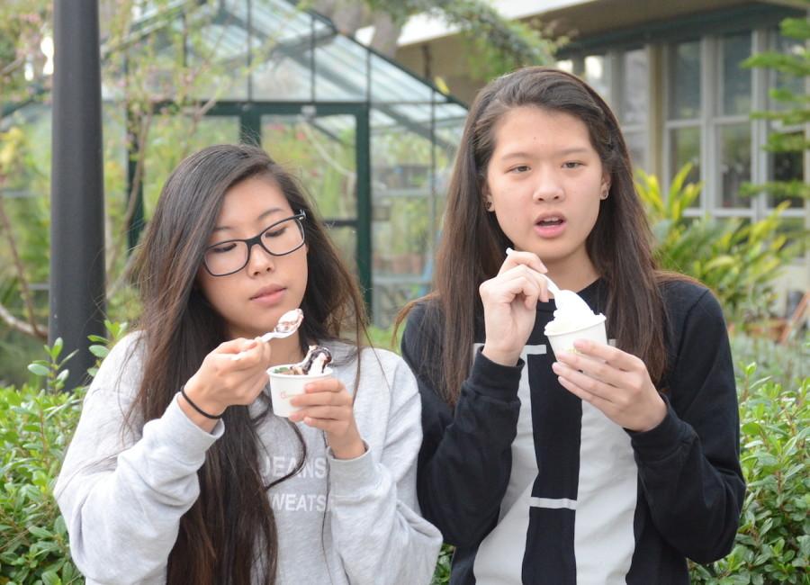 Madison Tomihiro (11) and Daphne Liang (11) enjoy Pinkberry together afterschool. Interact will be selling frozen yogurt every day this week during both lunches as well as after school.