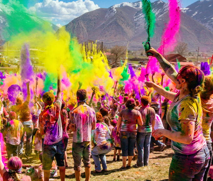 Holi is celebrated in Utah as people throw colored dyes into the air. The festivals popularity has spread all over the world.