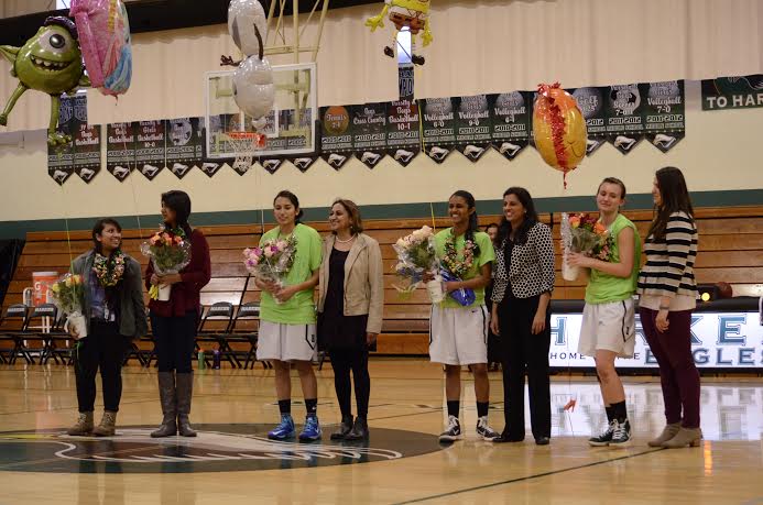 Girl’s varsity basketball seniors Lekha Chirala, Shreya Basu, Mishi Vachev, Tiara Bhattacharya and Nikita Mittal were honored on a unique senior night on Feb. 10.