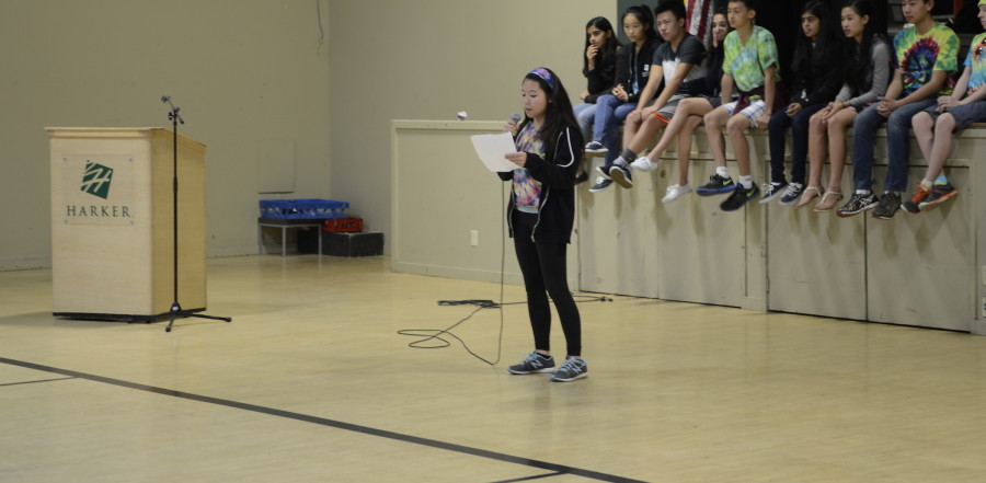 Makenzie Tomihiro, a spirit coordinator candidate, gives her speech in the gym. Seventeen students are running for positions in next years sophomore student council. 