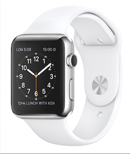The Apple Watch features an analog clock as its default screen. Shipping dates for preorders of Apple Watch were pushed into the summer due to lack of inventory.