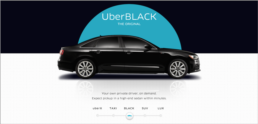 The Uber home page displays a promotion the different options of transportation. Uber is a mobile transportation app that allows people to send ride requests to specified vehicles.