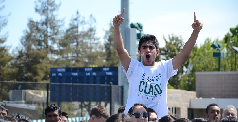 Rishabh Nijhawan (10) cheers for the sophomore class. The class of 2017 wore shirts with the slogan of We have more class.
