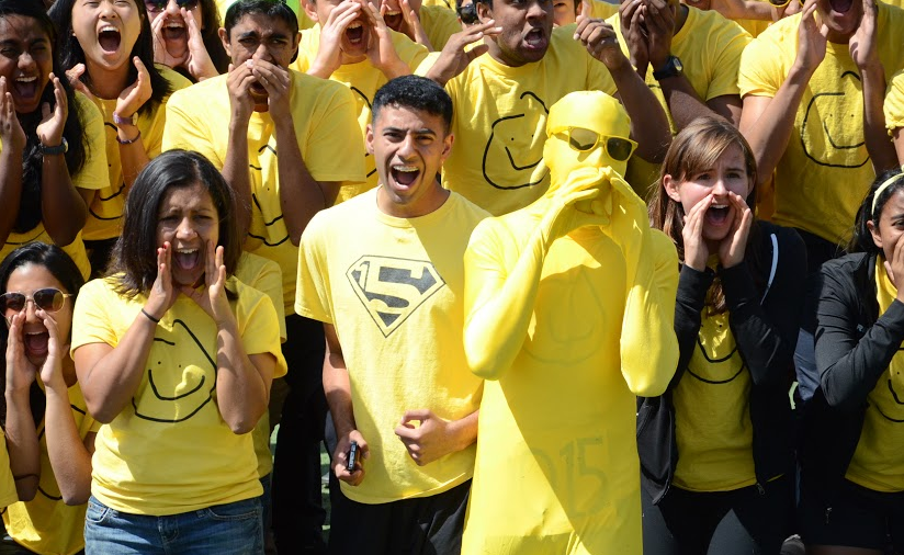 The seniors cheer during the scream off. Navsher Singh (12) and the rest of the senior class yell loudly for the scream contest. Seniors won both the scream contest and the student council obstacle race.