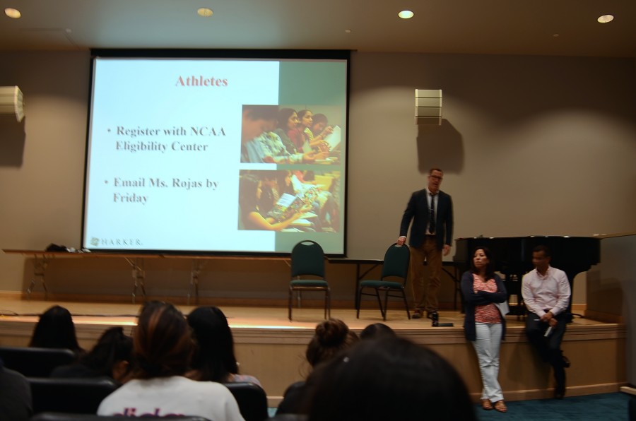 College counselors Martin Walsh, Nicole Burrell, Kevin Lum Lung and Andrew Quinn discuss tasks that need to be completed before the upcoming school year, including registration for college athletics. Juniors attended their last meeting of college counseling today in the Nichols Auditorium during extra help.