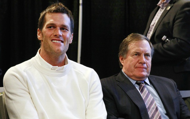 New+England+Patriots+quarterback+Tom+Brady+and+New+England+Patriots+head+coach+Bill+Belichick+during+the+Super+Bowl+XLIX-Winning+Head+Coach+and+MVP+Press+Conference.+The+two+fended+many+questions+regarding+Deflategate.