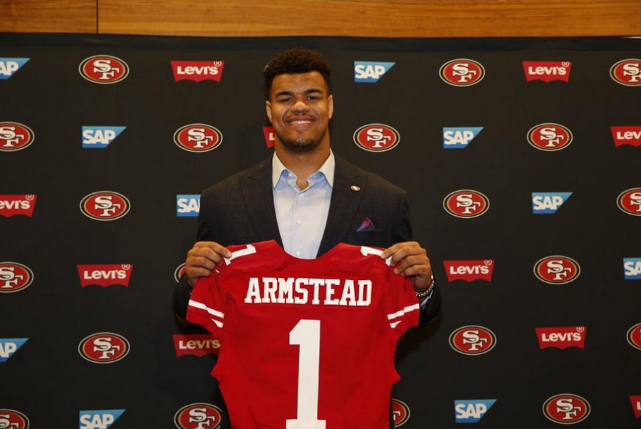 Former Oregon Duck Arik Armstead poses at a press conference in San Francisco after being drafted in the first round by the 49ers.