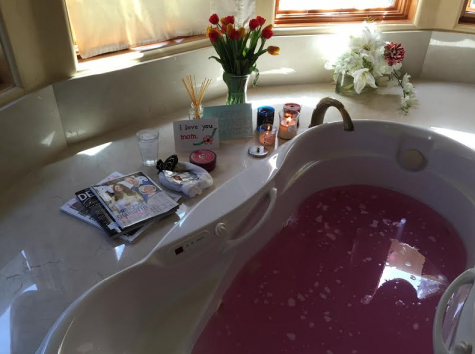 Charley and Kaylan set up a bath for their mother on Mother's Day. Though children now often purchase gifts from stores, they were originally meant to provide their mothers with sentimental gifts such as handmade cards or poems.