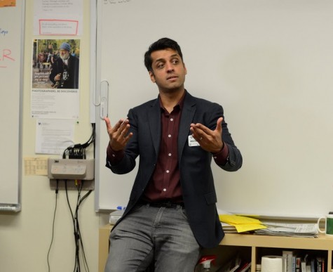 Wajahat Ali expresses his thoughts to journalism students. Ali spoke at an schoolwide assembly previously.