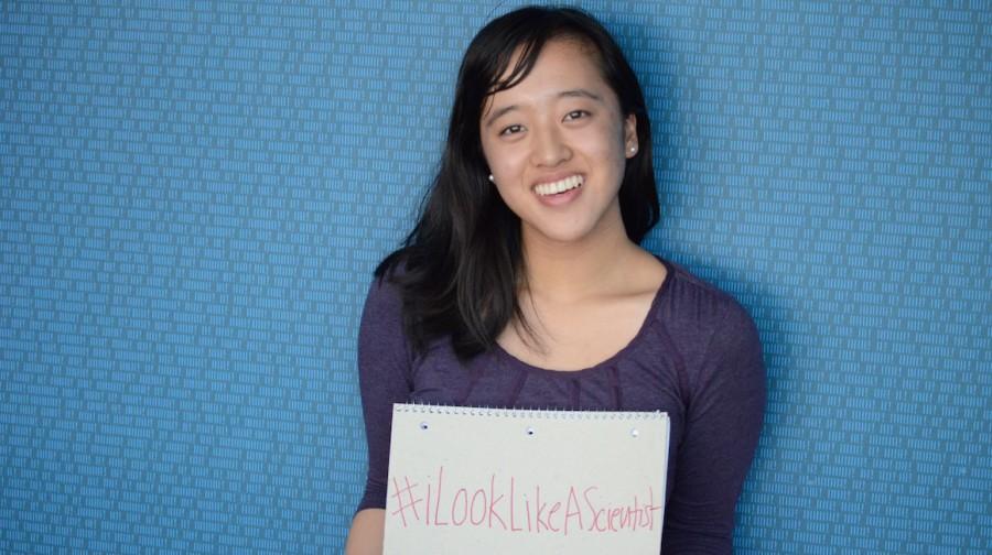 Senior Adele Li, Vice President of WiSTEM and Co-Preisdent of Research Club, holds up a poster with a ILookLikeAScientist hashtag, mimicking the Internet viral campaign of #ILookLikeAnEngineer. The viral hashtag first appeared to combat stereotypes and the gender gap in STEM fields.
