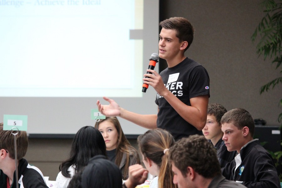 Arben Gutierrez-Bujari (11) shares his ideas and opinions to the rest of the students. Student representatives will discuss the topics covered during the Harker Summit with their advisories on Oct. 7.
