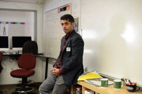 Wajahat Ali speaks to students in the journalism room during a Q&A session. Ali spoke at an schoolwide assembly previously.