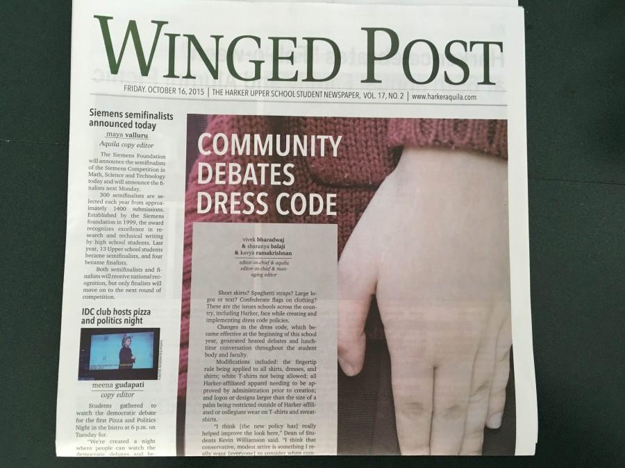 The front page of the Winged Post features an article regarding the dress code. Students can find copies of the paper in all the buildings on the campus. 