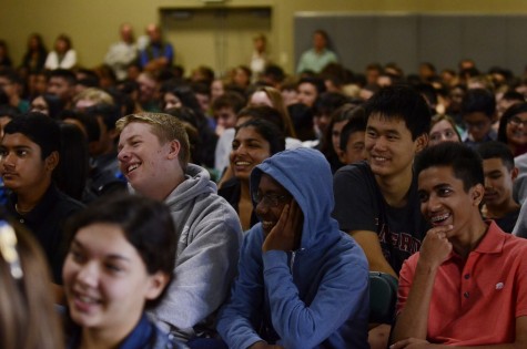 Students laugh at some humor in Szabo's presentation about mental health. The presentation took place today at the gym. 