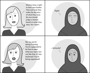 In the cartoon above, two women exchange conversation about certain forms of traditional womens headwear. All women have the right to their bodies and the choice to wear what they please, traditional or not.