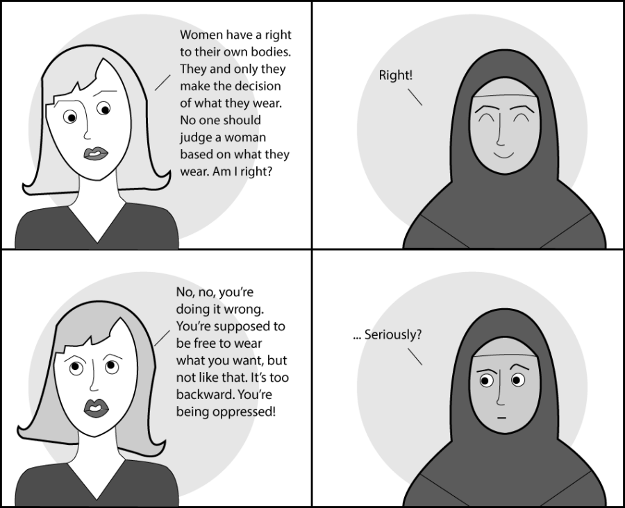 In the cartoon above, two women exchange conversation about certain forms of traditional women's headwear. All women have the right to their bodies and the choice to wear what they please, traditional or not.