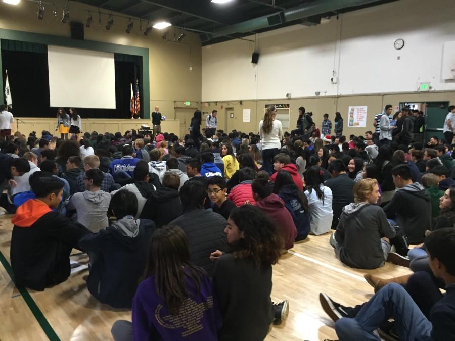 Students assemble in the gym for School Meeting. This is the last school meeting or the year.