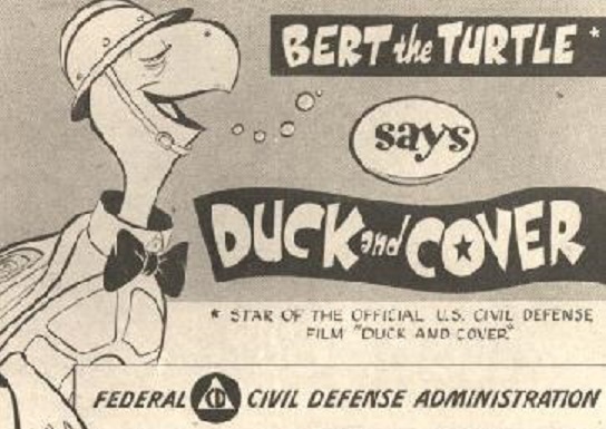 The Federal Civil Defense Administration used Bert the Turtle to demonstrate “Duck and Cover” to elementary students during the 1950s. Although these drills seem impractical in retrospect, they are not so different from campus intruder drills currently used to combat gun violence.