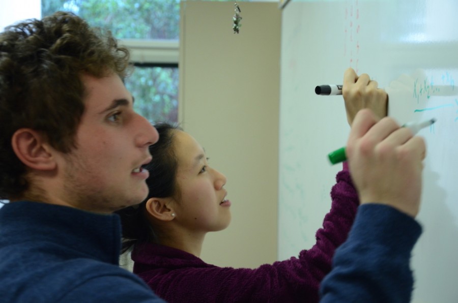 Misha Ivkov (11), co-Vice President of Math Club, and Allison Wang (12), President of Math Club, work on a problem together. The Math Club recently reformed its club lectures program to be more structured and occur more regularly.