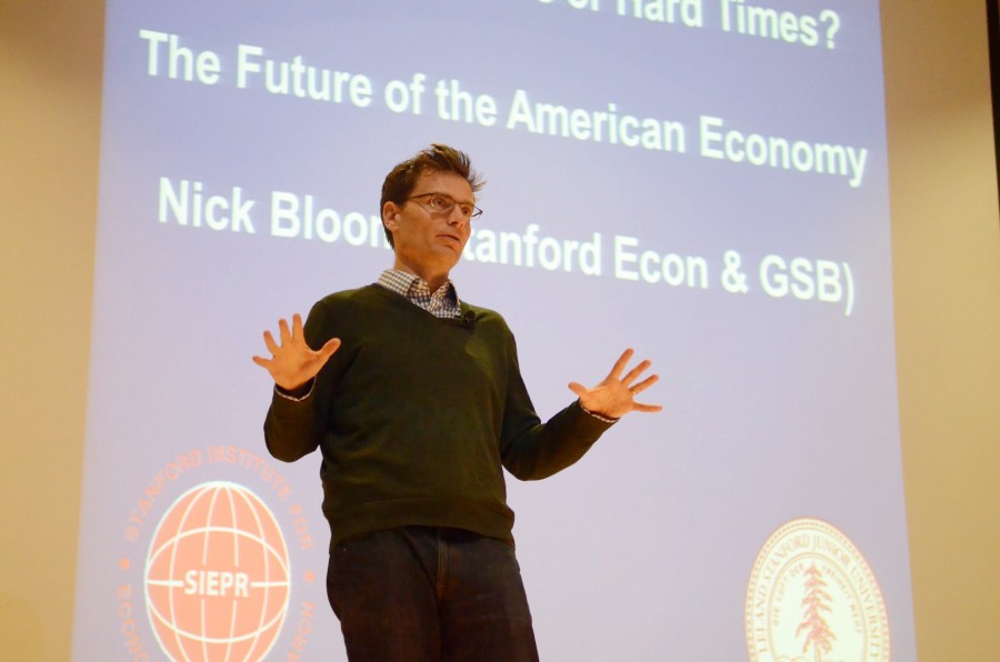 Nicholas+Bloom+concludes+his+speech+about+the+future+of+the+American+economy.+Students+and+teachers+went+to+the+Nichols+Auditorium+during+long+lunch+to+hear+him+speak.