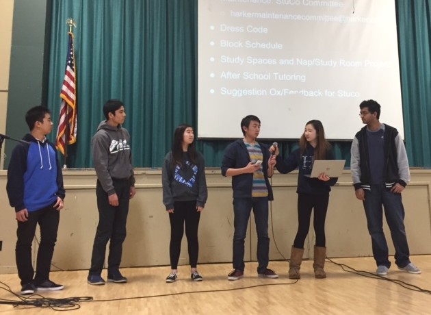 Sophomore class president Jimmy Lin, junior class president Sandip Nirmel, ninth grade treasurer Shania Wang, ASB president Michael Zhao along with Honor Council presidents Kevina Xiao (12) and Vineet Kosaraju (12) speak in front the student body at the school meeting. The student council addressed many of the topics that were brought up during the Harker Summit that was held in October, where students from all grades discussed school issues. 
