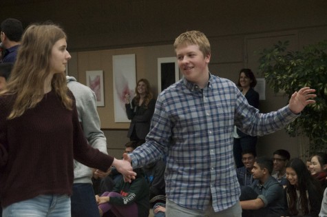 AP Spanish students Bobby Schick (10) and Morgan Douglas (10) show their class how to do the dance during the LIFE assembly. The assembly was on diversity.