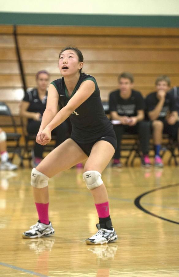 Junior Rachel Cheng gets ready to hit the ball during a varsity volleyball game this past season. She was mentioned in The Mercury News for her volleyball skills.