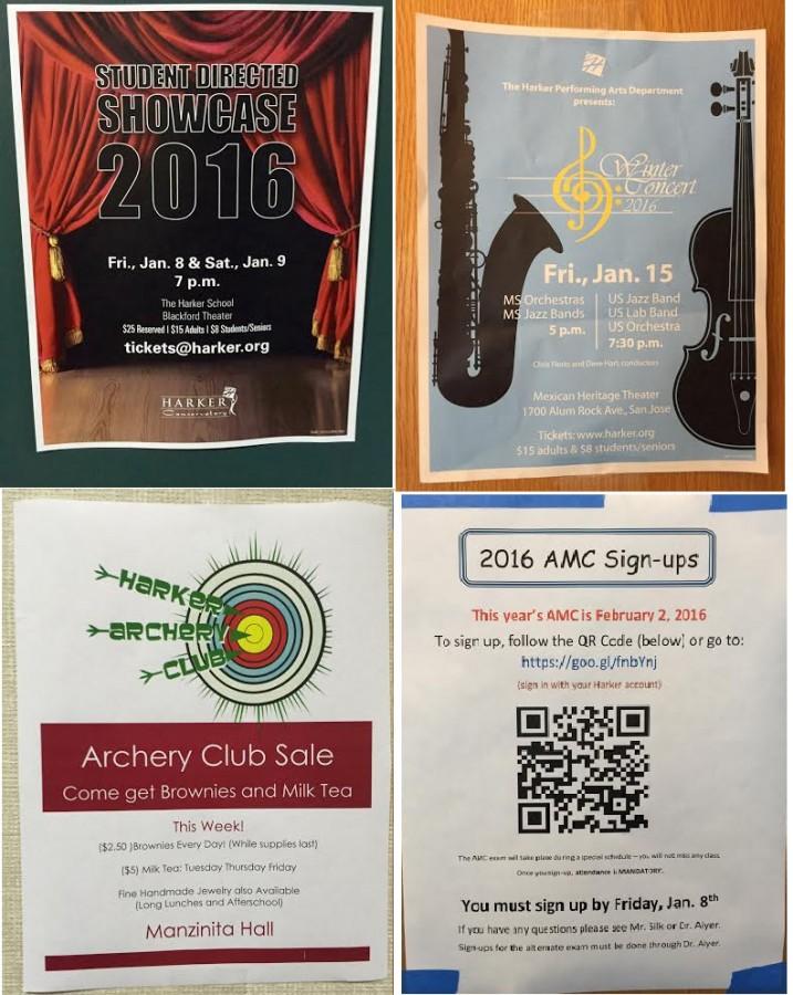 Student Directed Showcase, American Math Council exams and the Harker Winter concert are coming up in January and early February. Many of these announcements were presented by clubs during school meeting on Jan. 5.