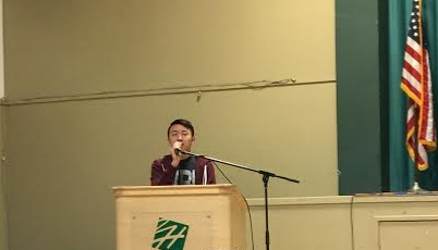 ASB President Michael Zhao starts the Monday meeting. Student Council showed a staff appreciation video during the meeting as part of an ongoing series.
