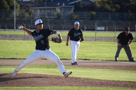 Nate Kelly (10) prepares to pitch the ball. The boys' baseball team won against North Valley Baptist 11-2 today.