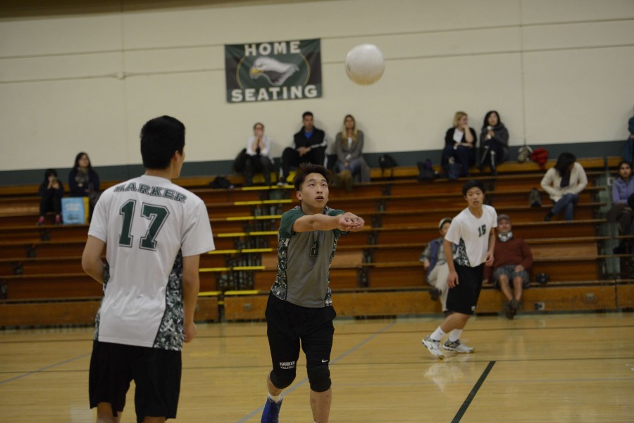 Senior Luke Wu prepares to hit the volleyball during the teams game yesterday. They lost a close matchup against Lynbrook High 2-3.