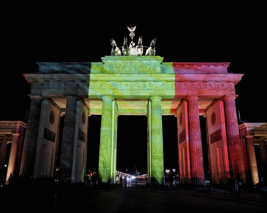 Brandenburg Gate is lit in the colors of the Belgian flag after todays terrorist attacks. ISIS has claimed responsibility for the bombings. 