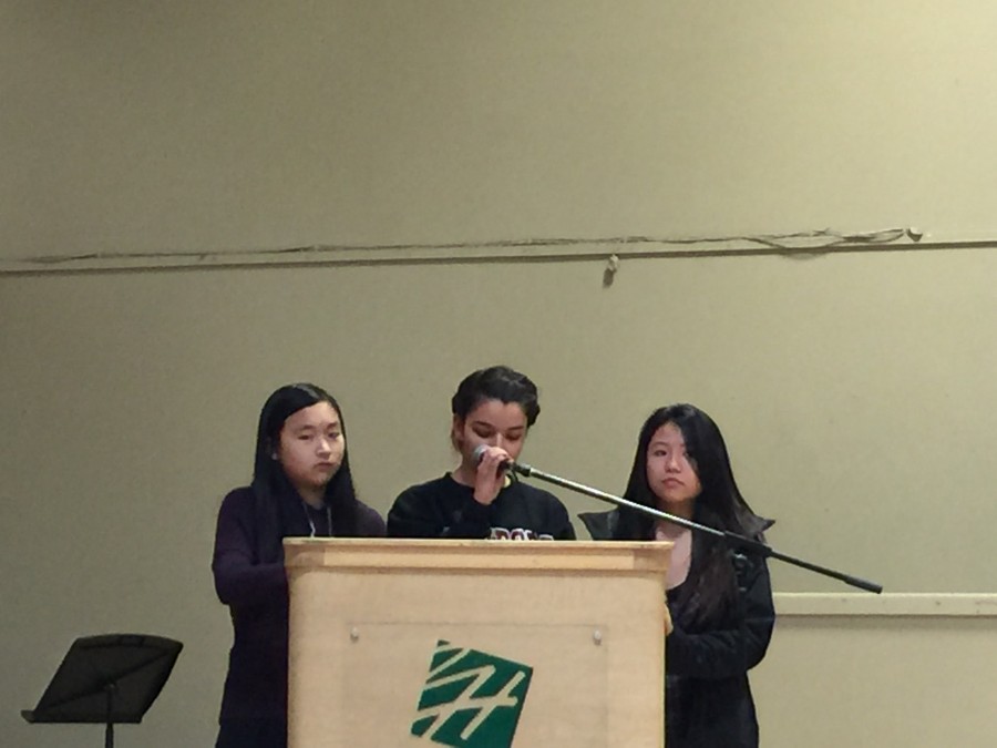 Key Club officers Charley Huang (10), Maya Valluru (11) and Makenzie Tomihiro (10) announce their clubs club week. Key Club will be selling pearl milk tea and Pinkberry along with other food during long lunches and after school.