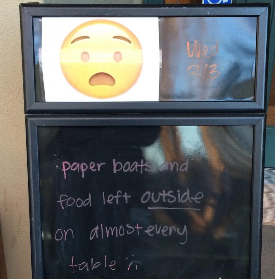The kitchen staff gives students a sad emoji on Feb. 2. The emoji system has not helped students clean up Manzanita, according to the kitchen staff.