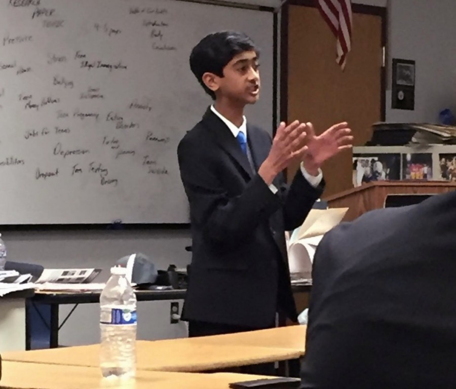 Nikhil Dharmaraj (9) delivers his speech, titled Sinking Sinking Sunk, to a panel of judges. Nikhil competed in three preliminary rounds before advancing to both the semifinals and finals in oratory, later placing sixth overall.