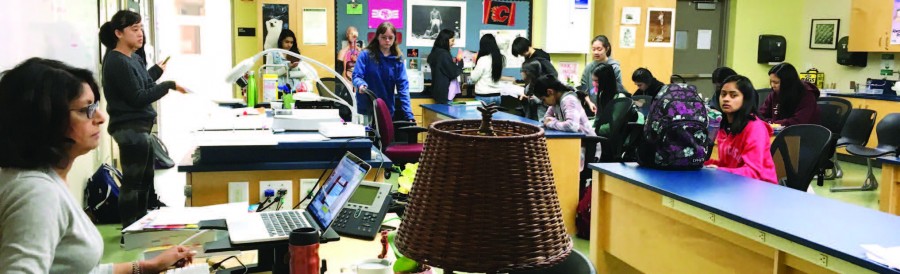 WiSTEM club, led by seniors Alyssa Crawford, Adele Li and Jessica Zhu, meets last Wednesday in Anita Chetty’s room to prepare for their 11th annual Research Symposium. The Symposium will take place on April 9.