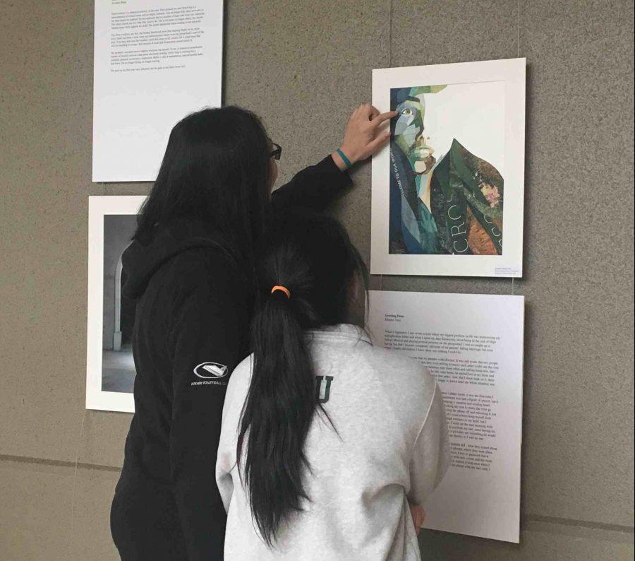 A student points out a detail in a piece of art on display at the Artstravaganza today during long lunch. Works from art students, Scholastic Art & Writing Award winners and HELM submitters were displayed on both floors of Nichols.