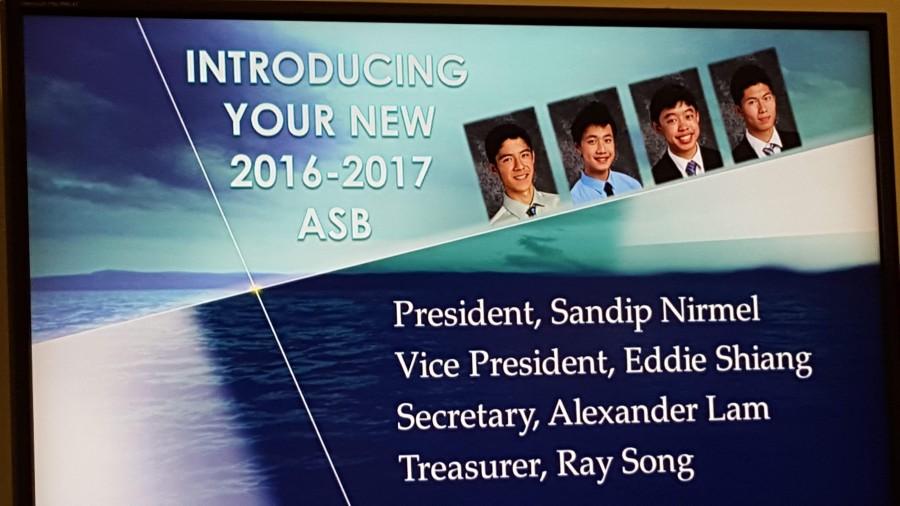 Juniors Sandip Nirmel, Eddie Shiang, Alexander Lam, and Ray Song were elected to the 2016-17 ASB council. Students voted in the candidates during lunch Thursday at the journalism room.
