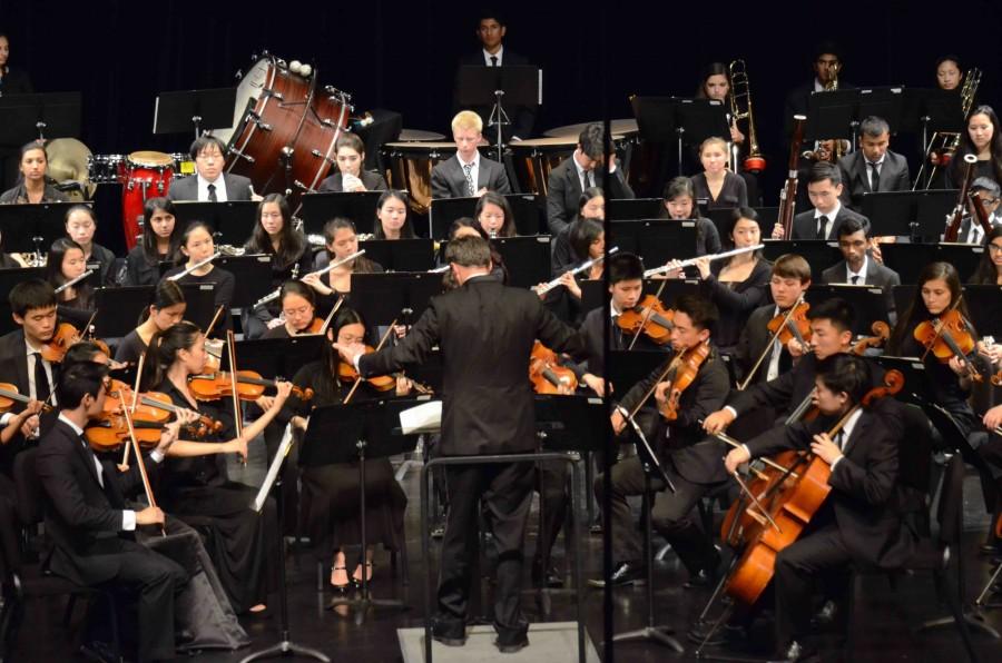 Chris Florio conducts the upper school orchestra. The Spring Concert was held yesterday at 7 p.m.