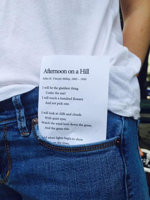 A student’s pocket holds Edna St. Vincent Millay’s poem Afternoon on a Hill. “Poetry is a pure expression of emotion and thought,” Nikhil Ramgiri (12) said. “It’s a medium to express yourself.” 