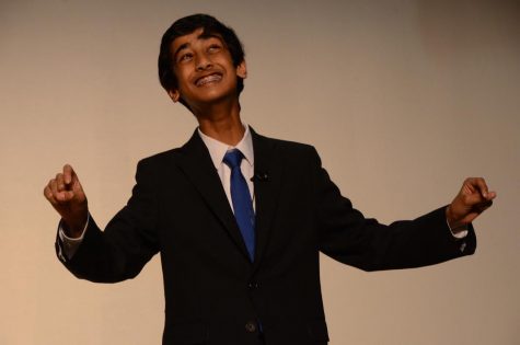 Nikhil Dharmaraj (9) performs his piece during the upper school Speech Showcase. He competed in the California High School Speech Association State Championship tournament at Mission College in Santa Clara, California, from April 16-18. 