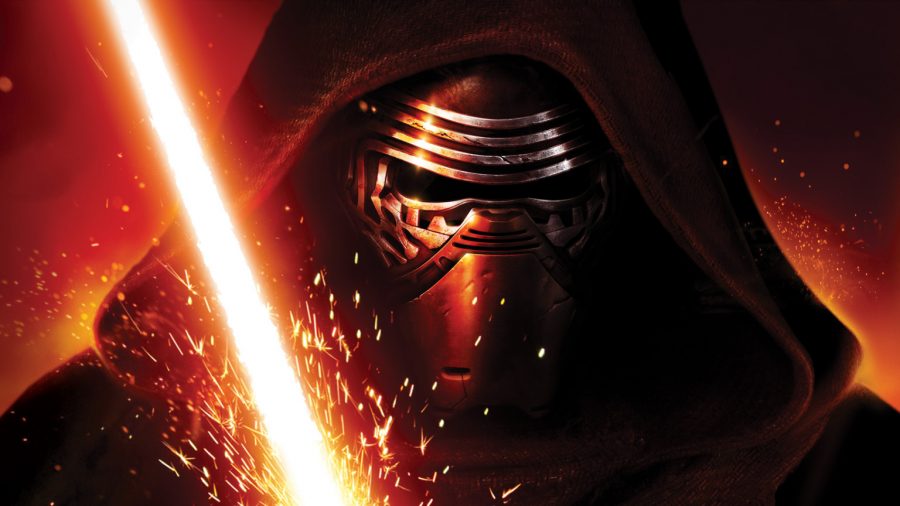 ​​Kylo Ren, the antagonist from Star Wars: The Force Awakens, the latest installment of the franchise, glowers with a red light saber.